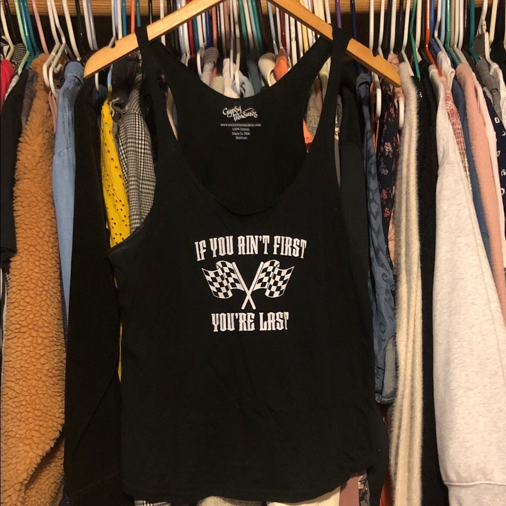 Black Graphic Tank Top with Racing Flags